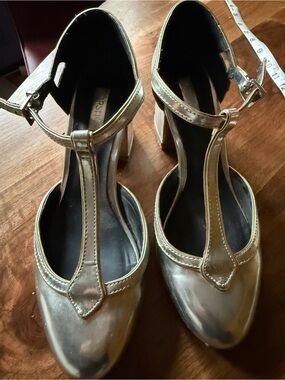 Topshop Metallic Silver T-Strap Block Heels